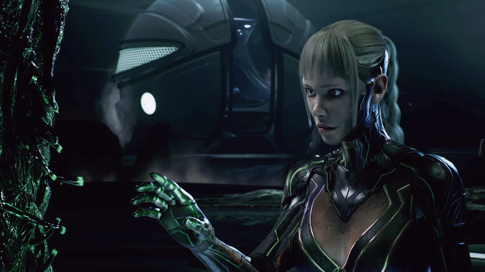 A neo-human reaching toward an Infested organism aboard a dark futuristic vessel