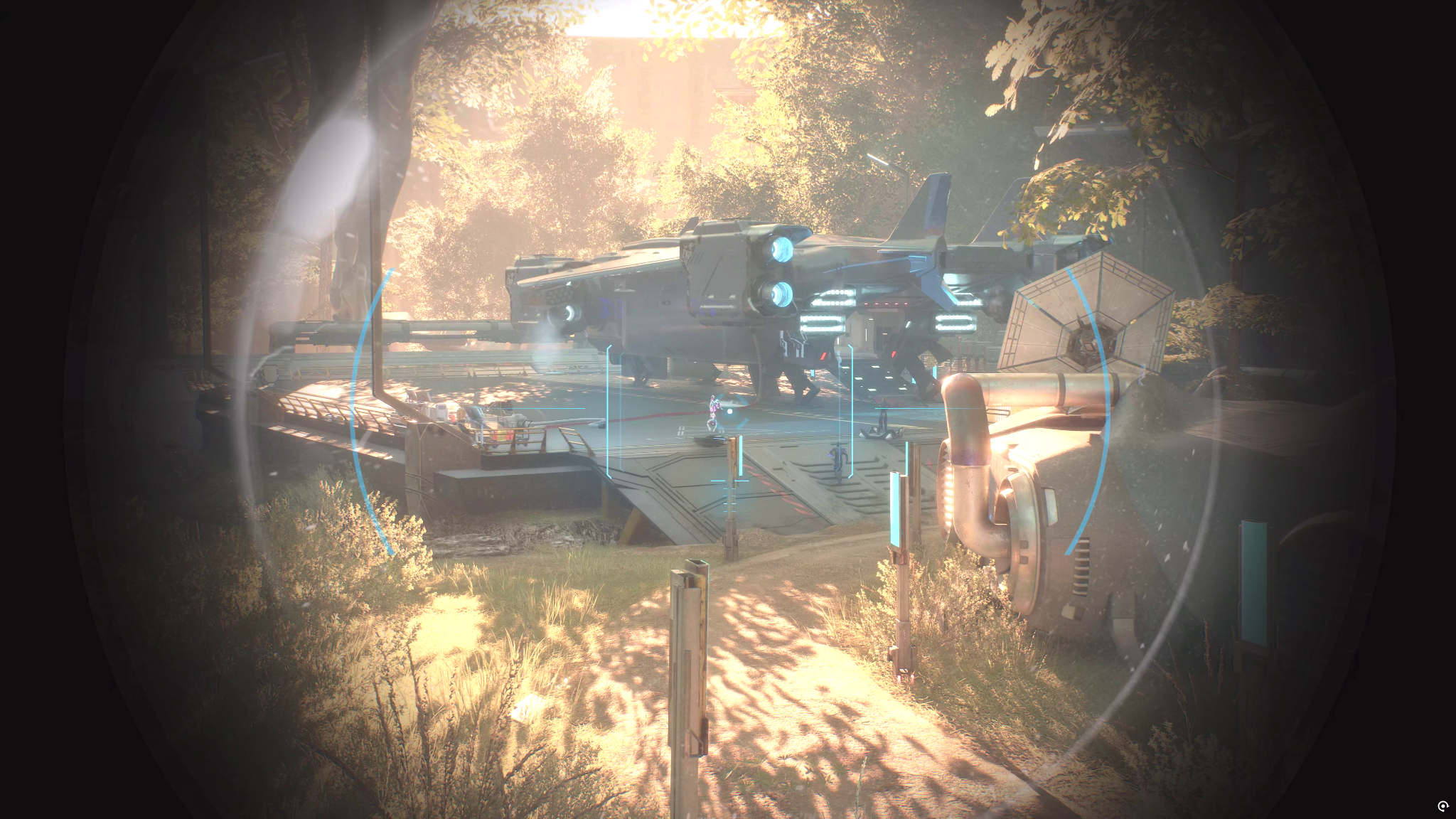 Sniper scope view of a futuristic landing zone