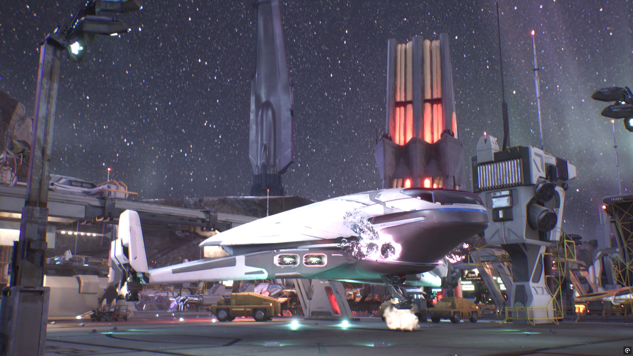 Futuristic ship on a snowy night landing pad