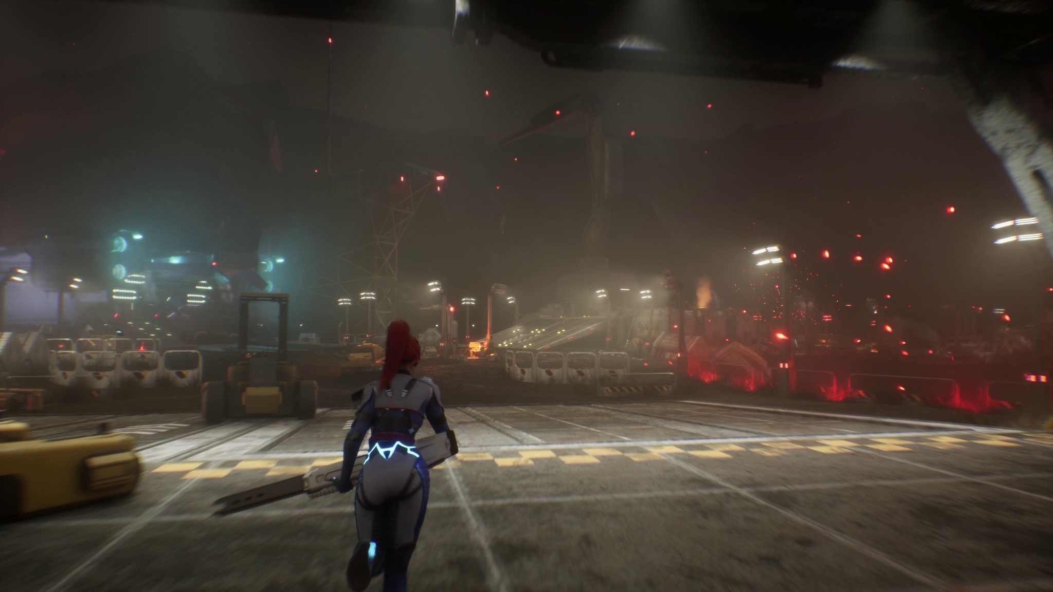 Aurora running through a dark hangar exterior