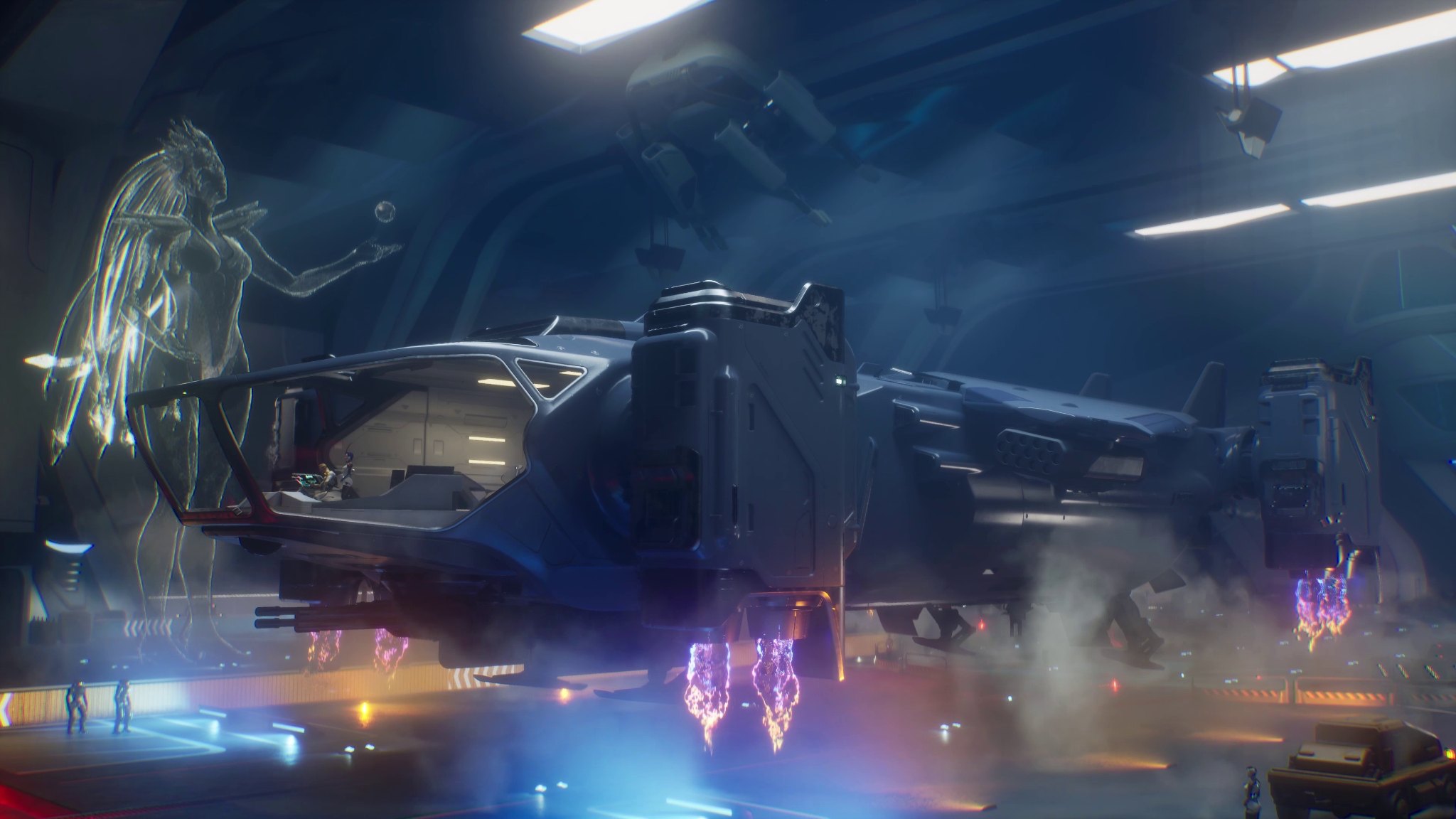 Dropship lifting off inside a cinematic hangar bay