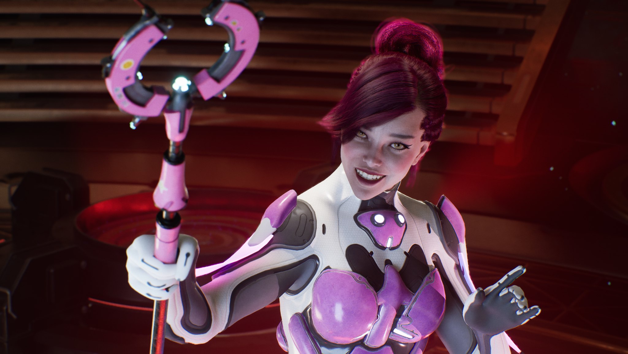 Chun smiling in a cinematic close-up aboard a warm red interior