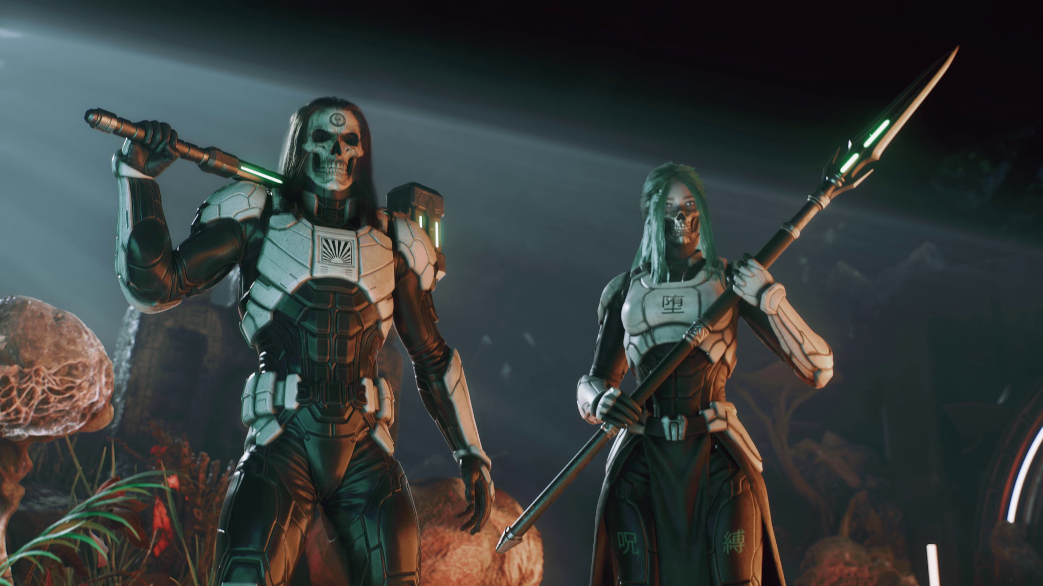 Two masked warriors standing in a bioluminescent combat environment