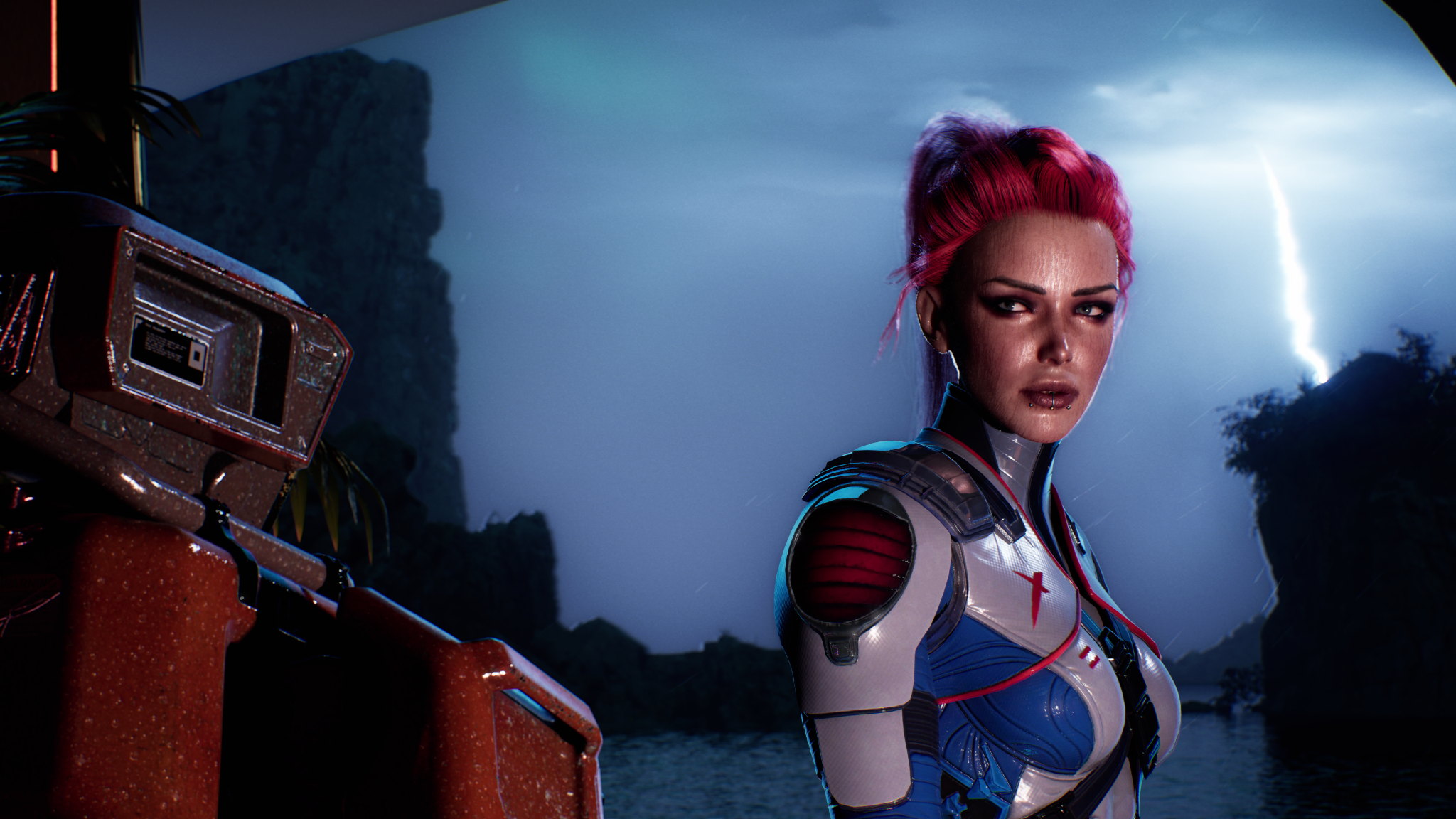Aurora and Bart under lightning in a cinematic exterior scene