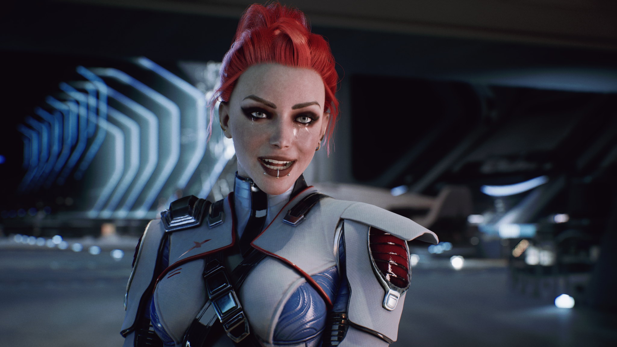 Aurora smiling in a blue-white suit inside a futuristic interior