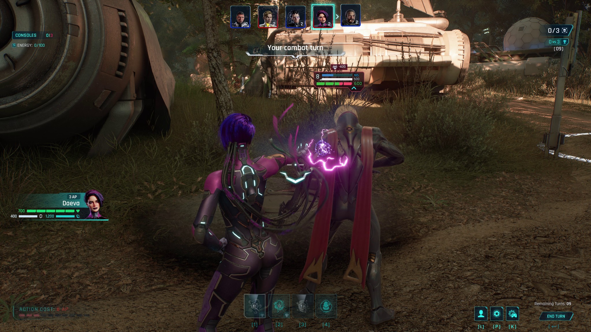 Daeva channeling a glowing purple ability beside an ally during a forest combat encounter