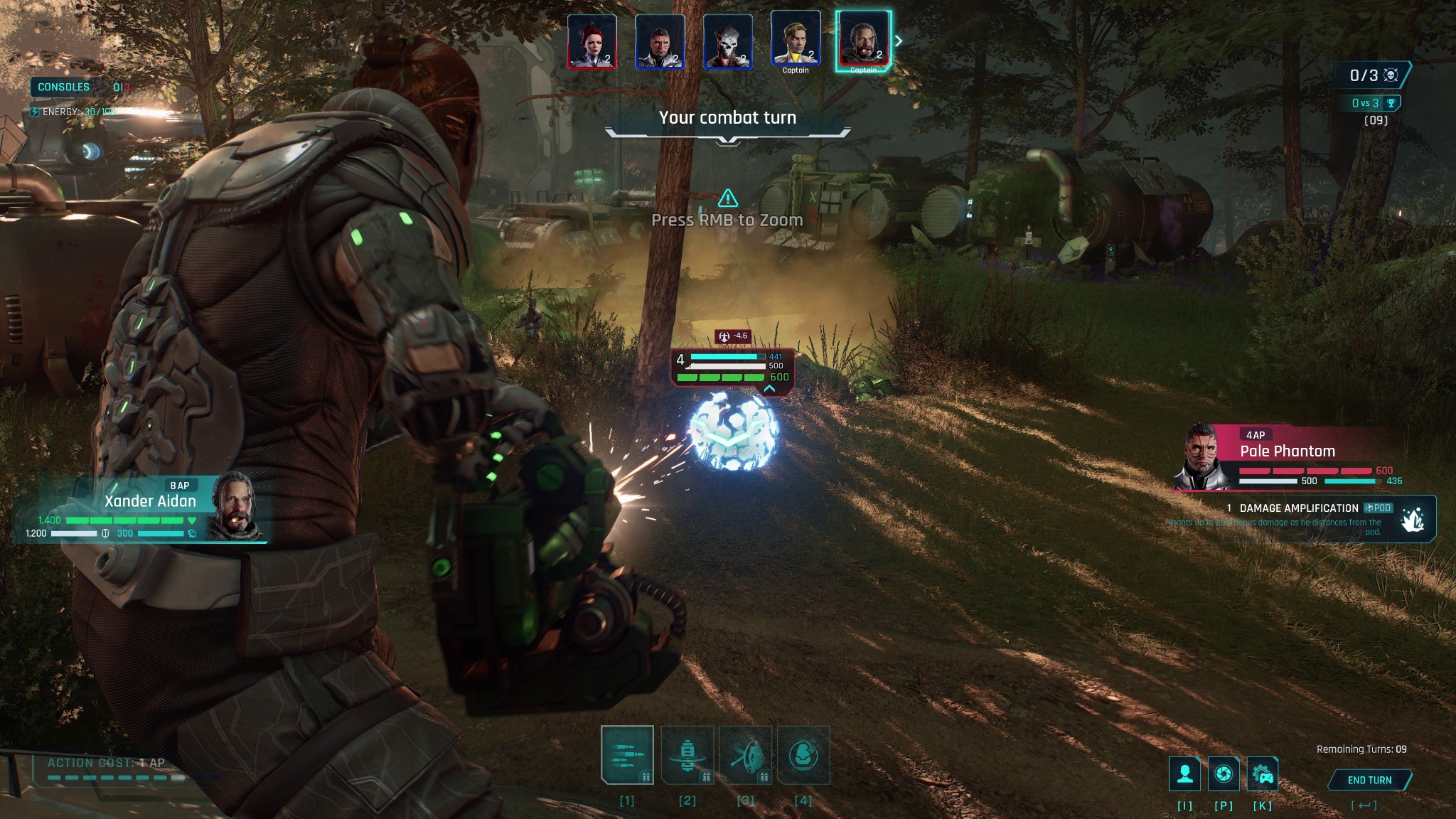 Xander firing a heavy weapon at a shielded target in a sunlit forest battlefield