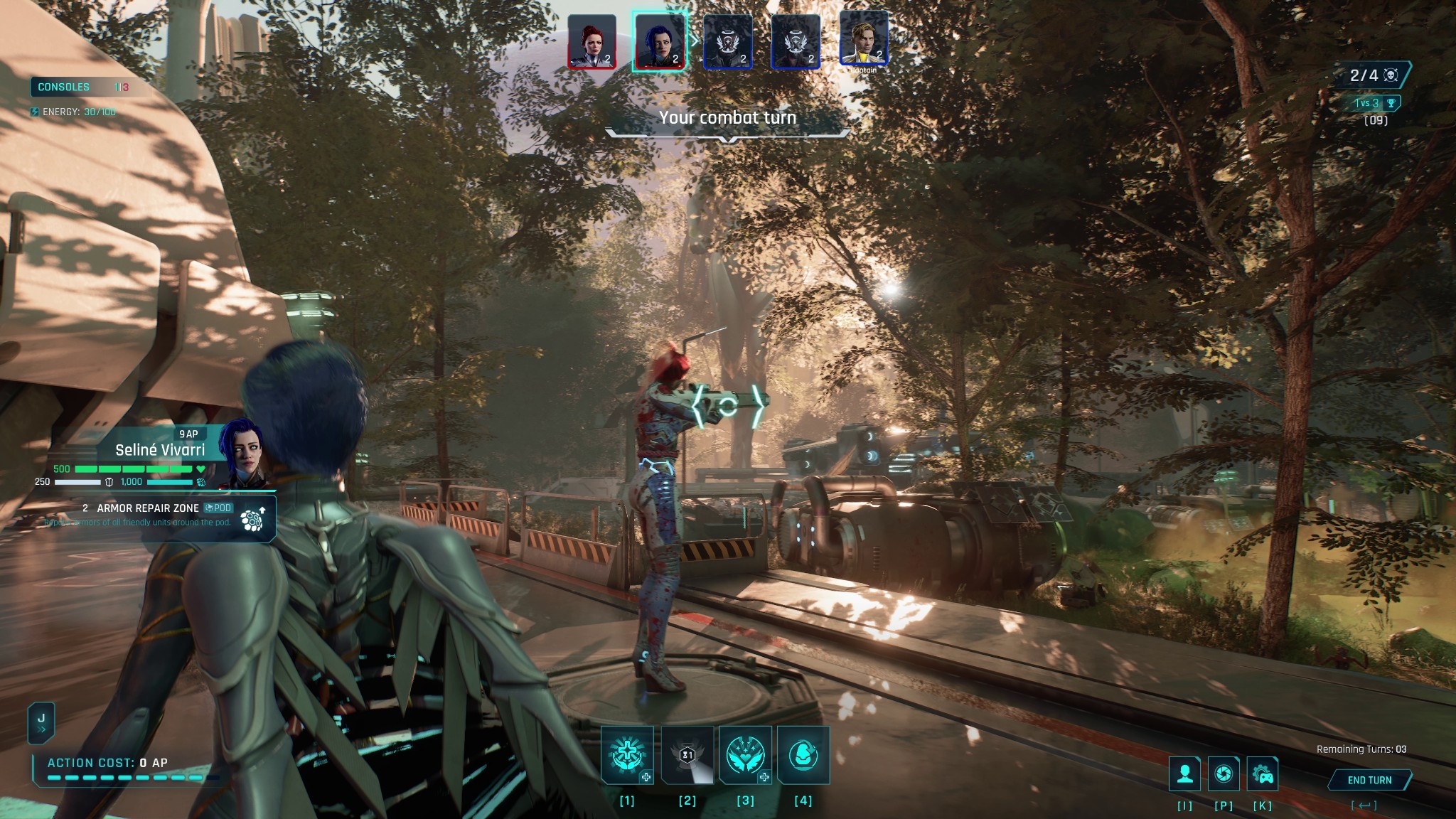 Seliné supporting an ally from a tactical platform in a bright forest combat encounter