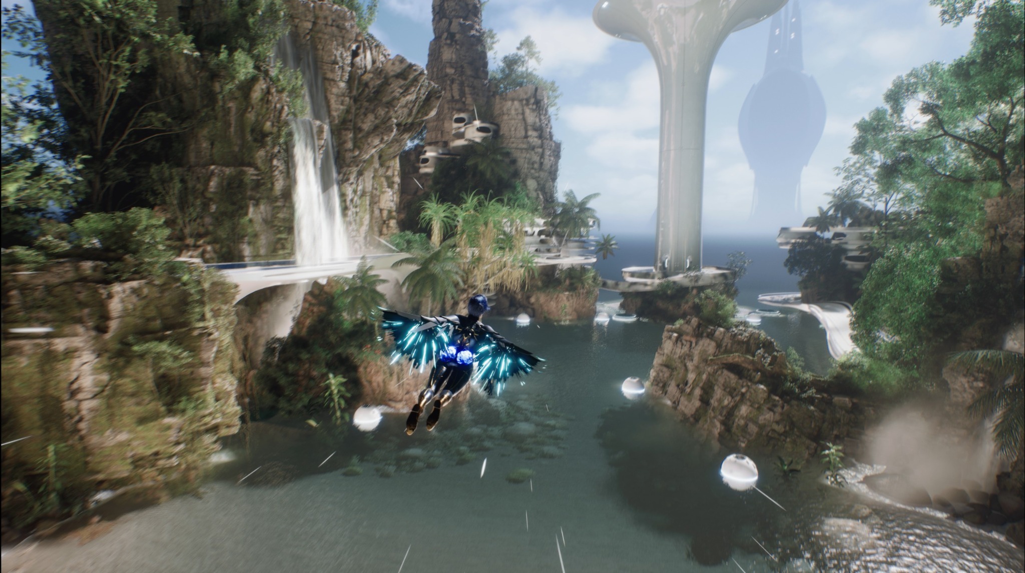 Seline flying over a lush futuristic landscape