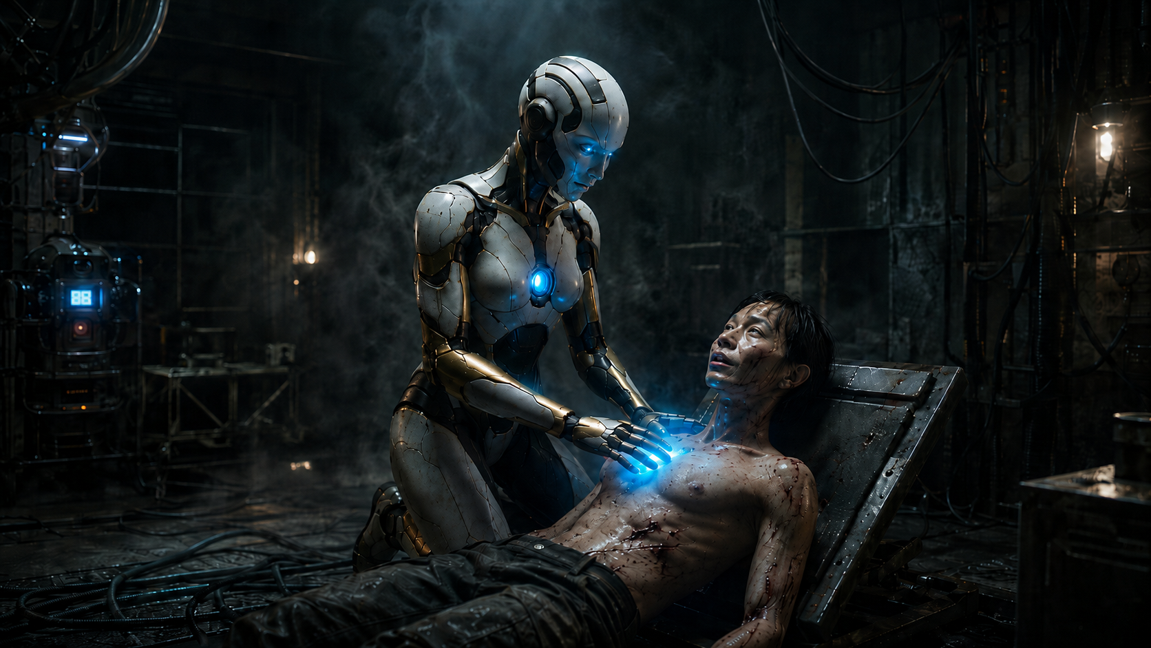 Neo-human healing a human in a dark laboratory
