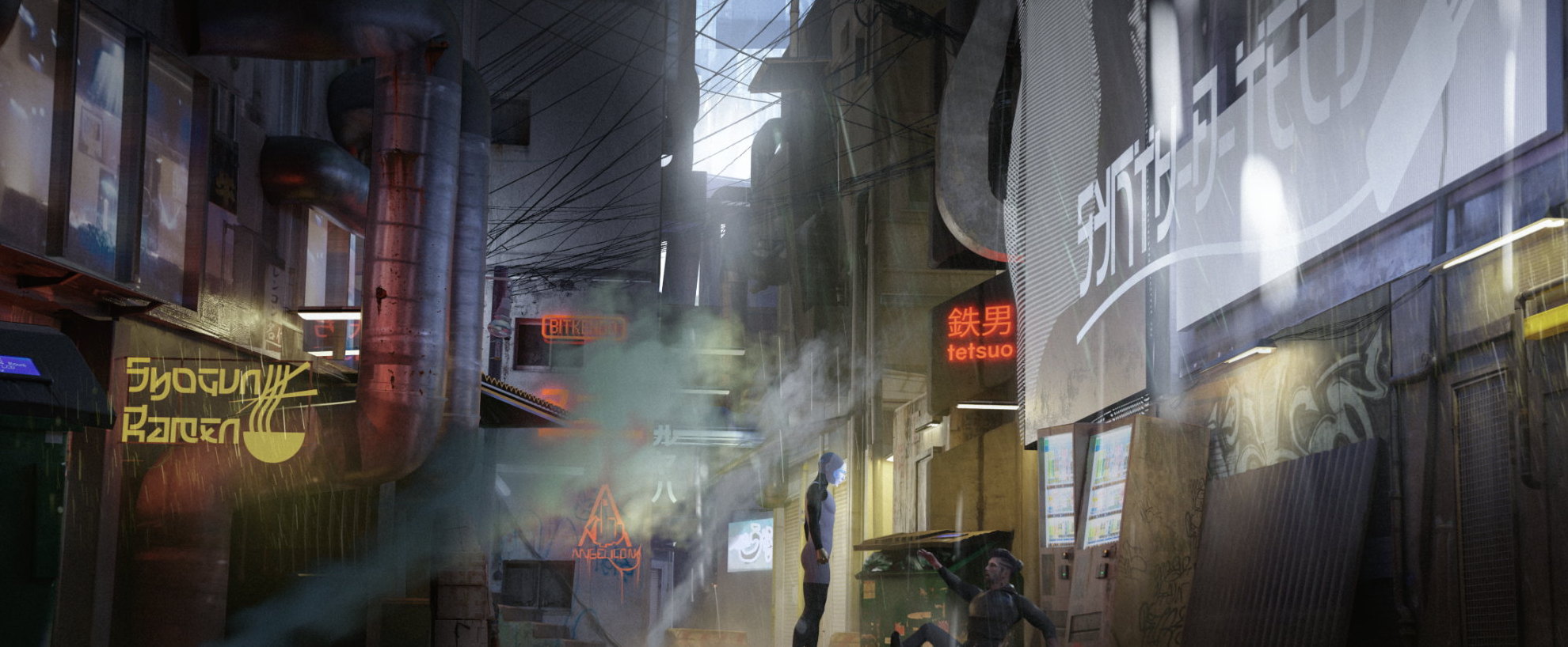 Rainy neon alley where an angelic figure stands over a fallen survivor